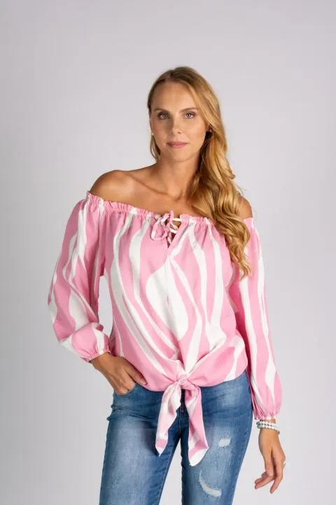 Blusa holgada con escote barco con cordón Inessa, blanca y rosa