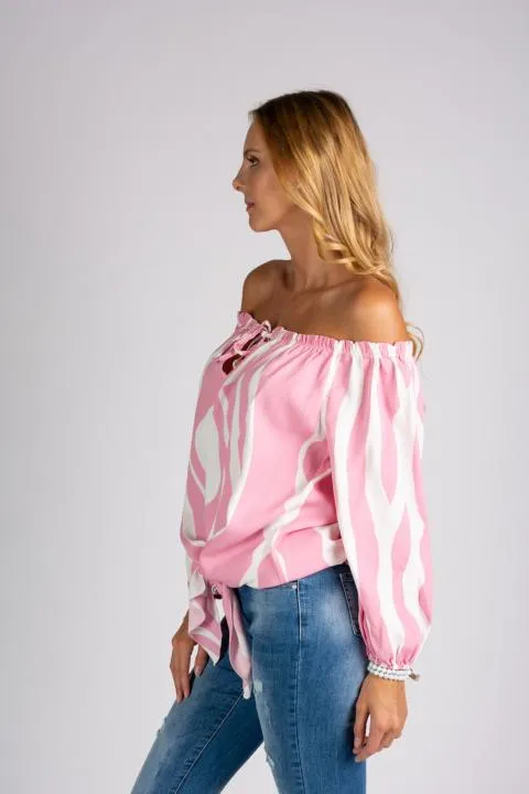 Blusa holgada con escote barco con cordón Inessa, blanca y rosa