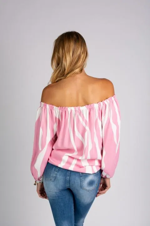 Blusa holgada con escote barco con cordón Inessa, blanca y rosa