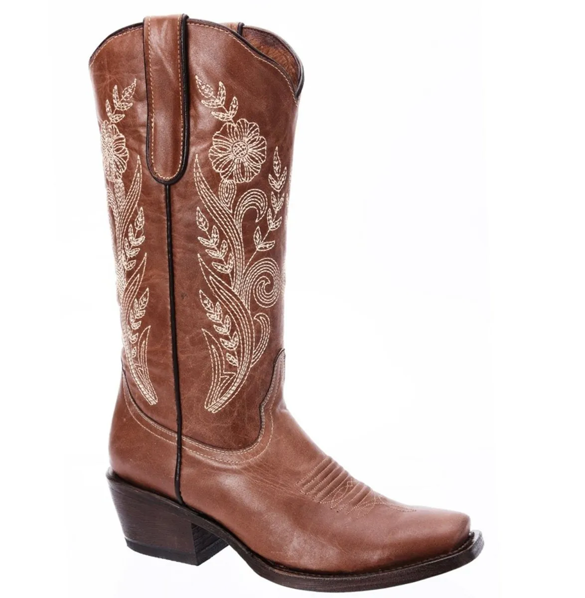 BOTAS DE CUERO HORMA RODEO PARA MUJER COLOR CAFE CLARO CON FLORES WD514