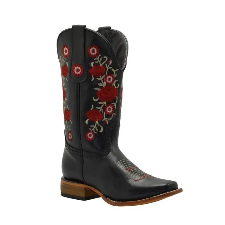 BOTAS DE CUERO HORMA RODEO PARA MUJER COLOR NEGRO CON FLORES ROJAS JB1607
