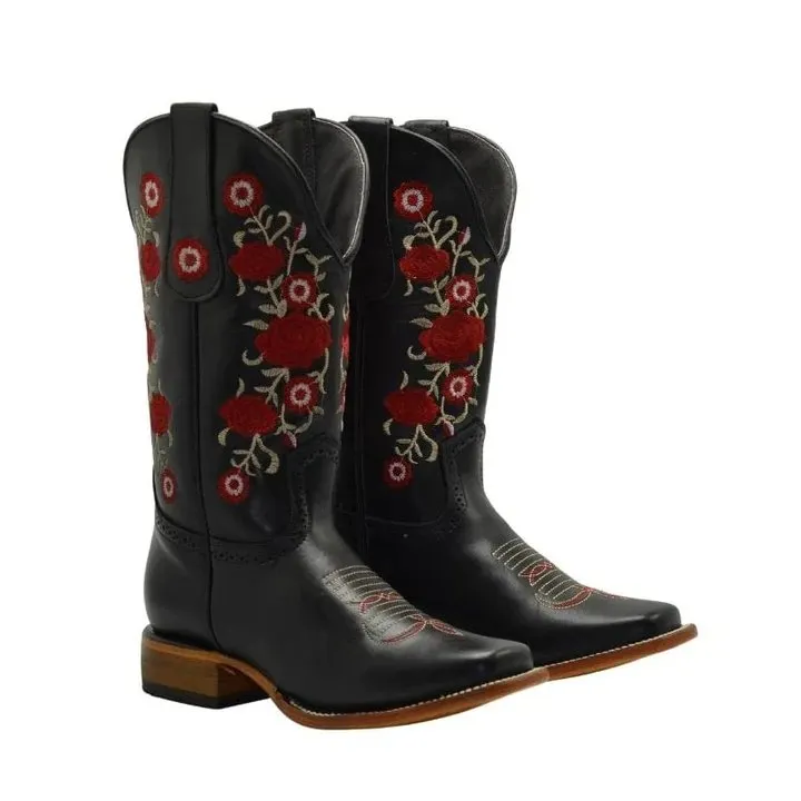 BOTAS DE CUERO HORMA RODEO PARA MUJER COLOR NEGRO CON FLORES ROJAS JB1607