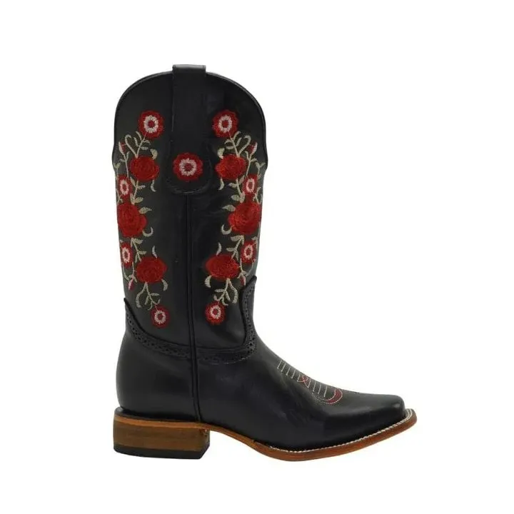 BOTAS DE CUERO HORMA RODEO PARA MUJER COLOR NEGRO CON FLORES ROJAS JB1607
