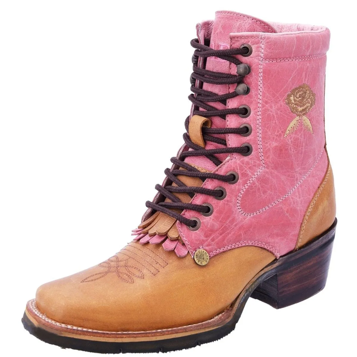 BOTAS DE CUERO PARA MUJER HORMA RODEO CON AGUJETAS COLOR MIEL Y ROSA WD518