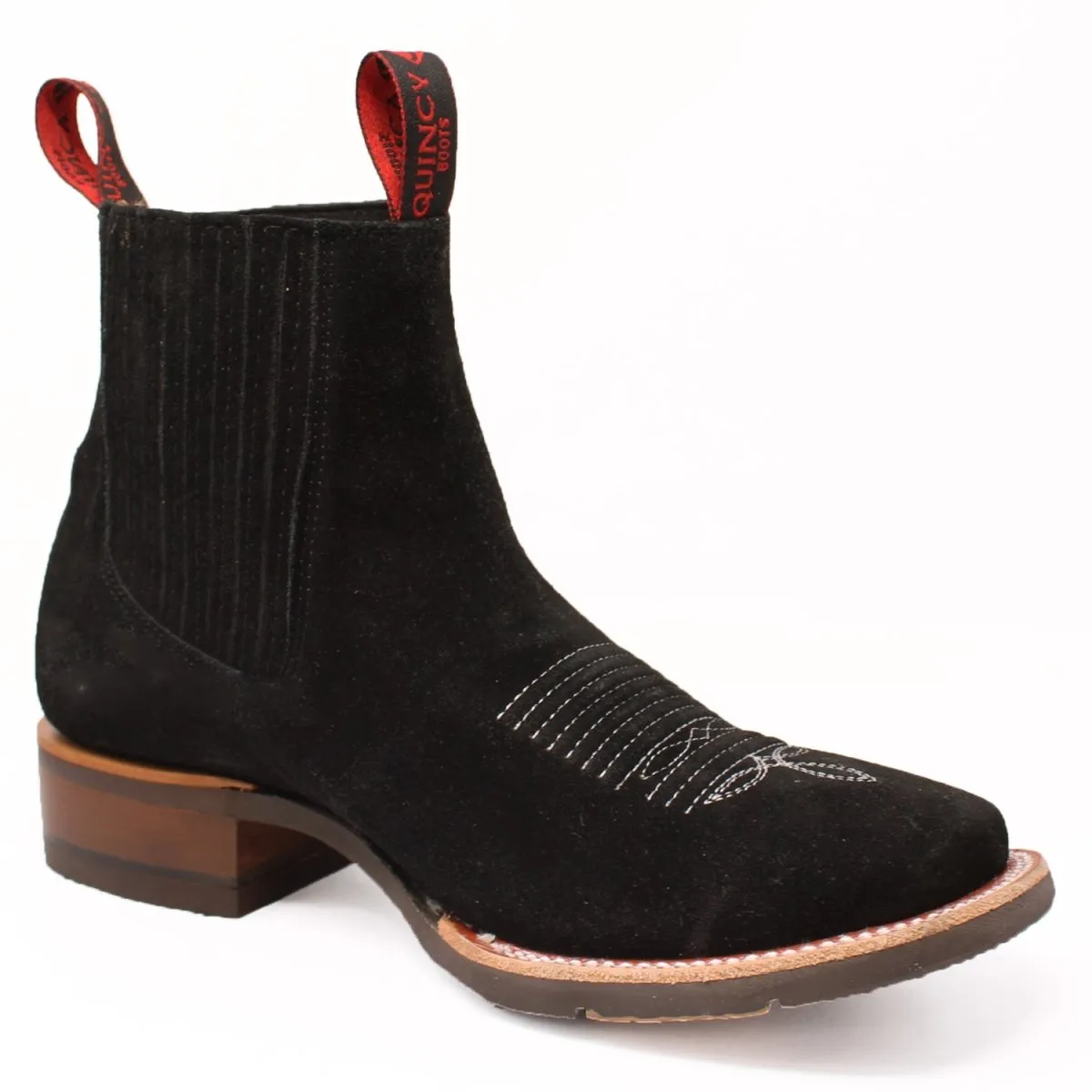 Botines Charros Quincy de Gamuza Punta Cuadrada y Suela de Hule Negro Q82BU6305