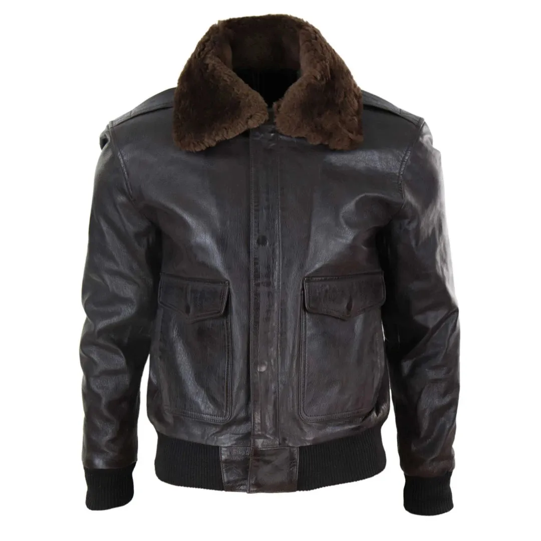 Chaqueta de cuero en Marrón y Negro con cremallera para caballero estilo Bomber Piloto