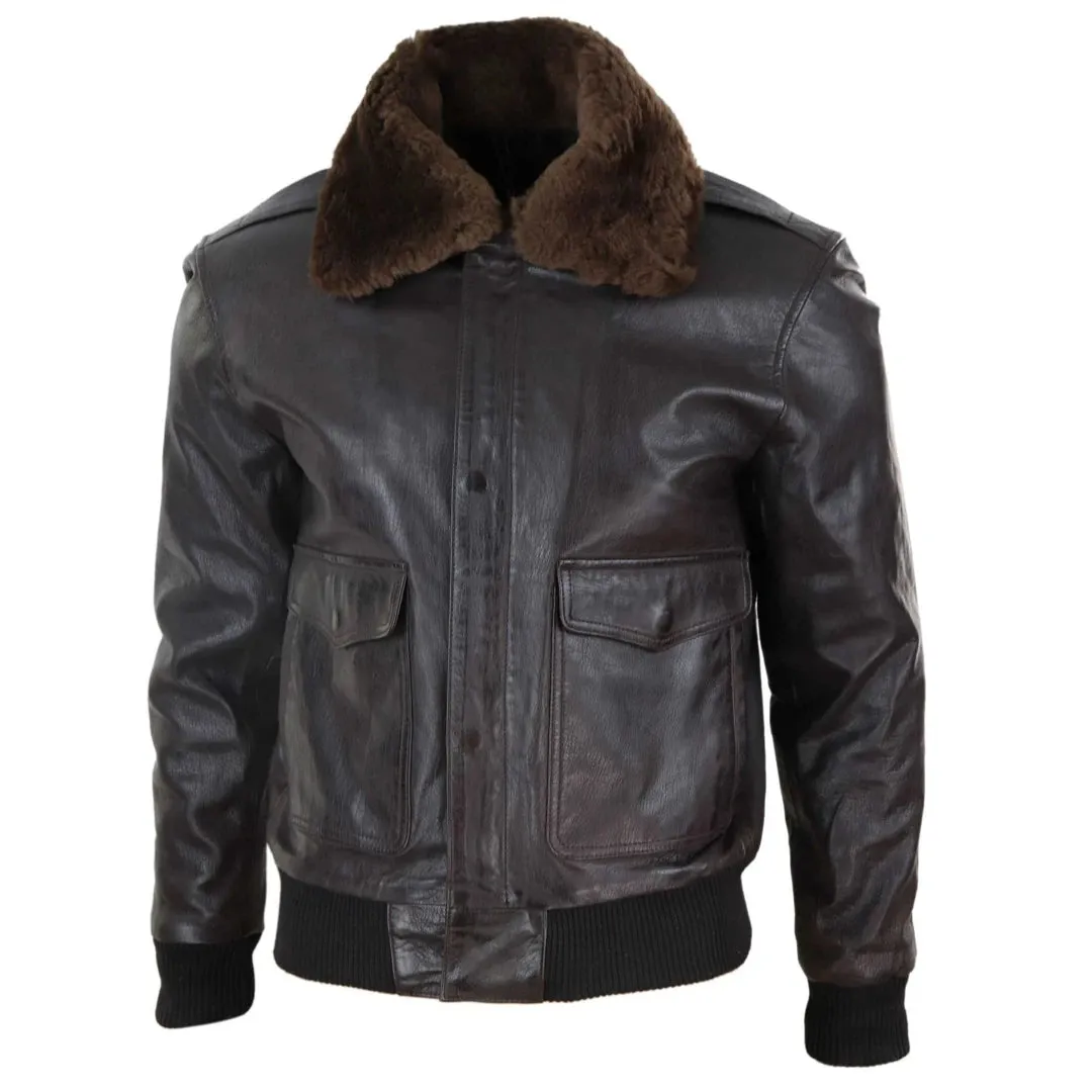 Chaqueta de cuero en Marrón y Negro con cremallera para caballero estilo Bomber Piloto