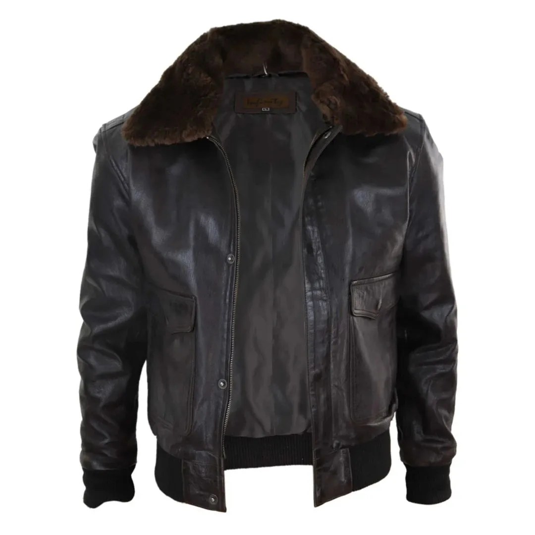 Chaqueta de cuero en Marrón y Negro con cremallera para caballero estilo Bomber Piloto