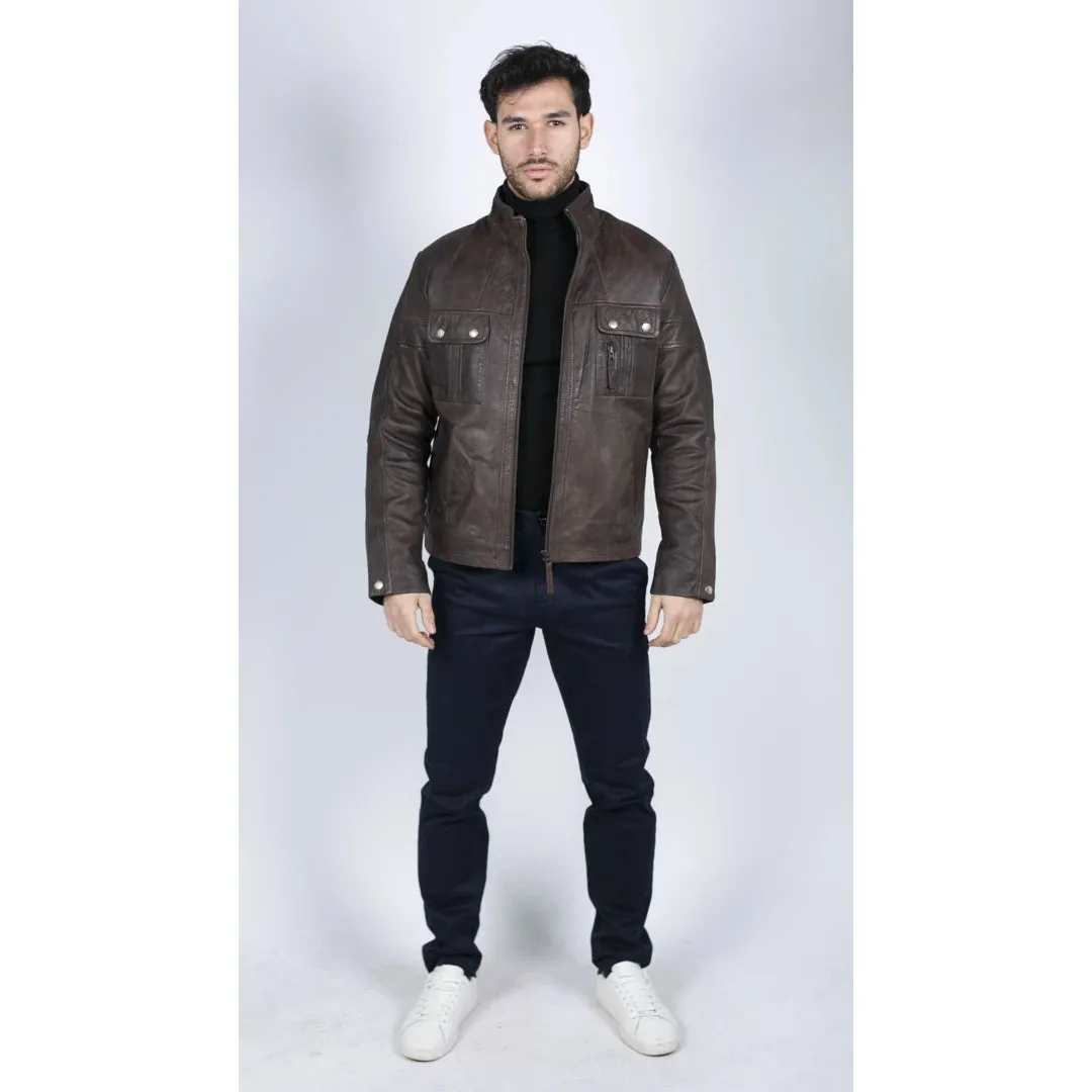 Chaqueta de cuero para hombres look de cuello alto