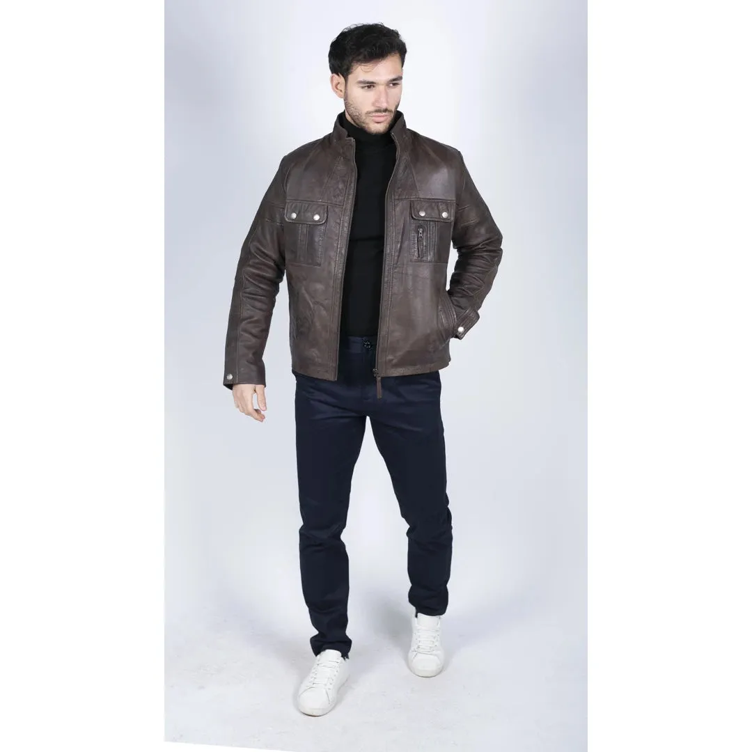 Chaqueta de cuero para hombres look de cuello alto