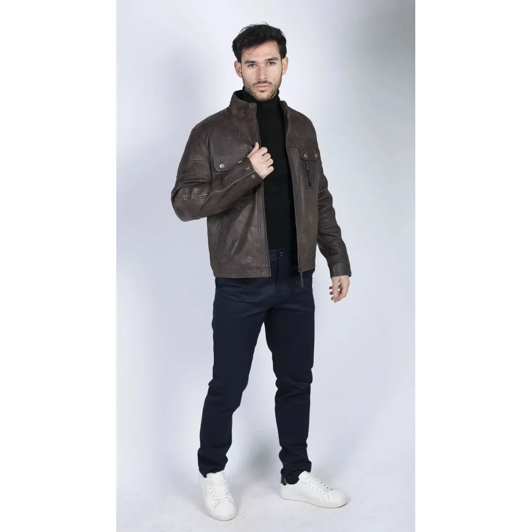 Chaqueta de cuero para hombres look de cuello alto