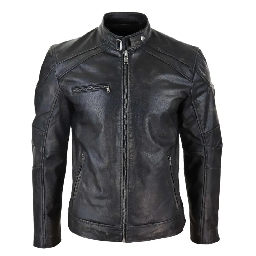 Chaqueta de motorista con cremallera de cuero real para hombre Vintage lavado negro marrón envejecido Vintage