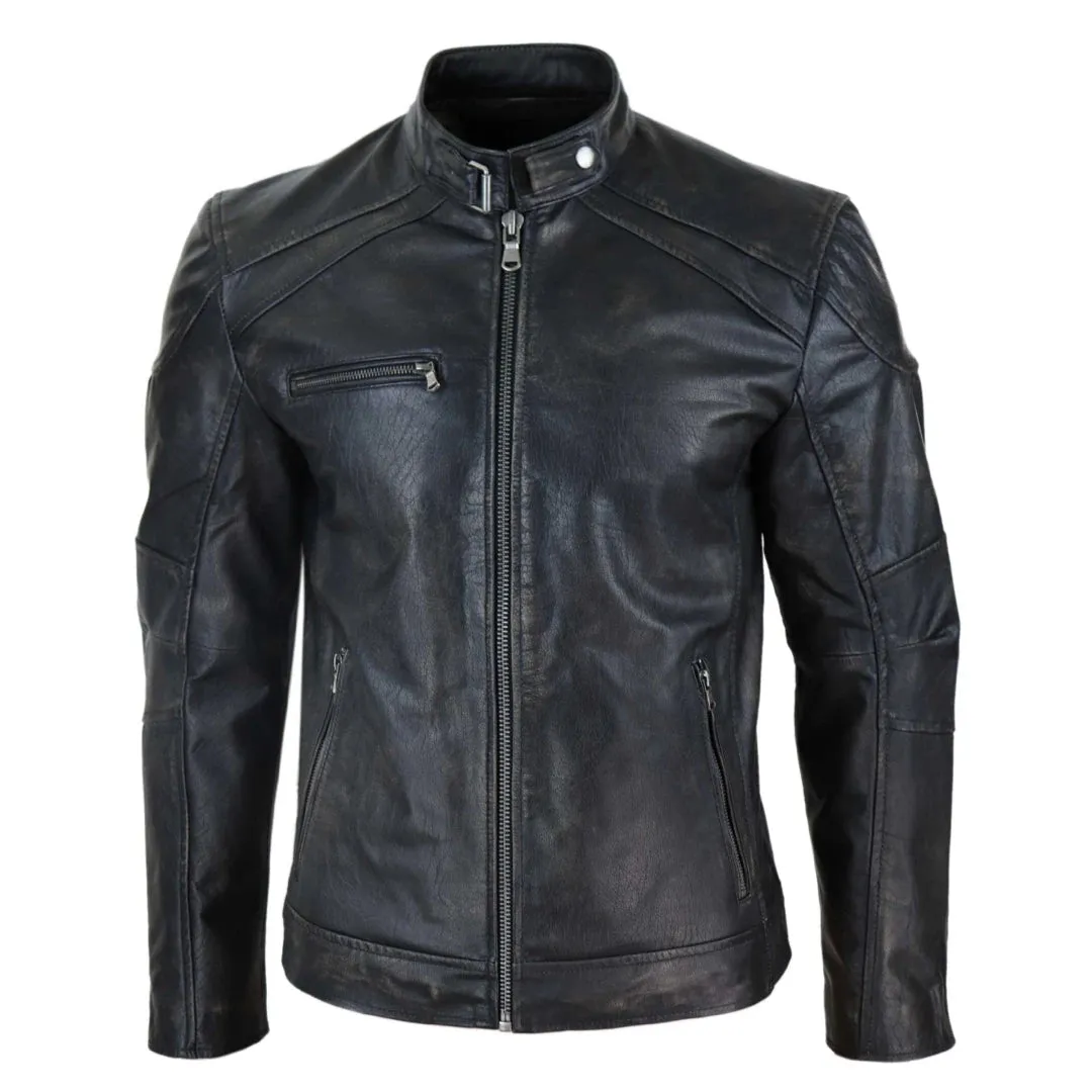 Chaqueta de motorista con cremallera de cuero real para hombre Vintage lavado negro marrón envejecido Vintage