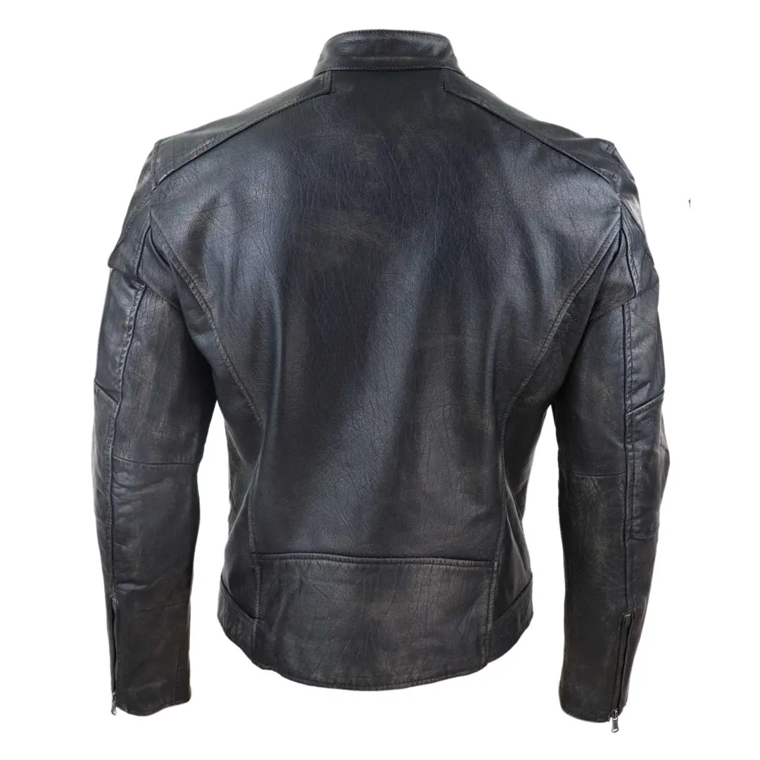 Chaqueta de motorista con cremallera de cuero real para hombre Vintage lavado negro marrón envejecido Vintage
