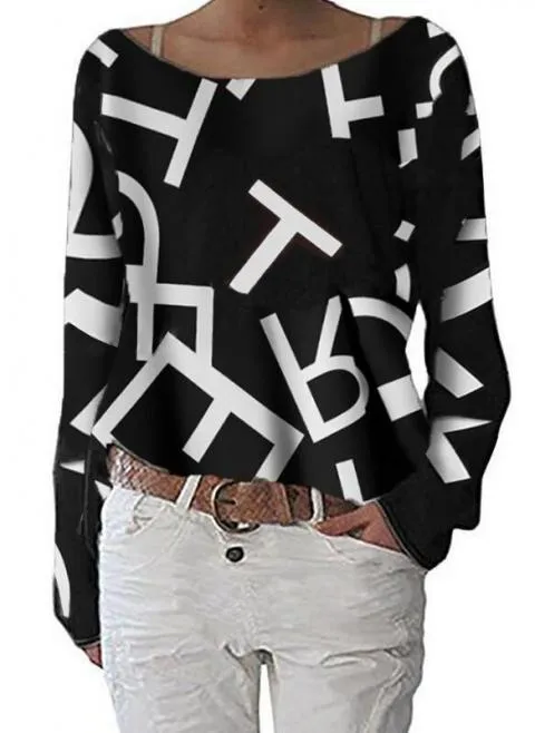 Elegante blusa de manga larga con estampado de letras Osmana, negra