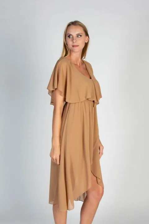Elegante vestido midi con volante y falda en el plegable Barbados, beige