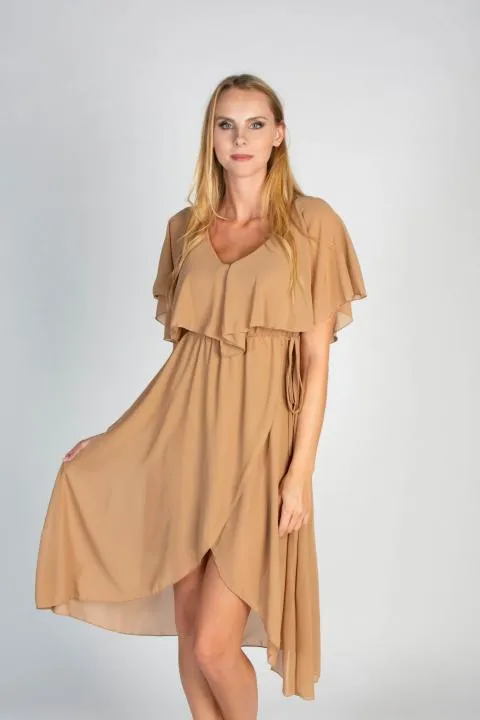 Elegante vestido midi con volante y falda en el plegable Barbados, beige