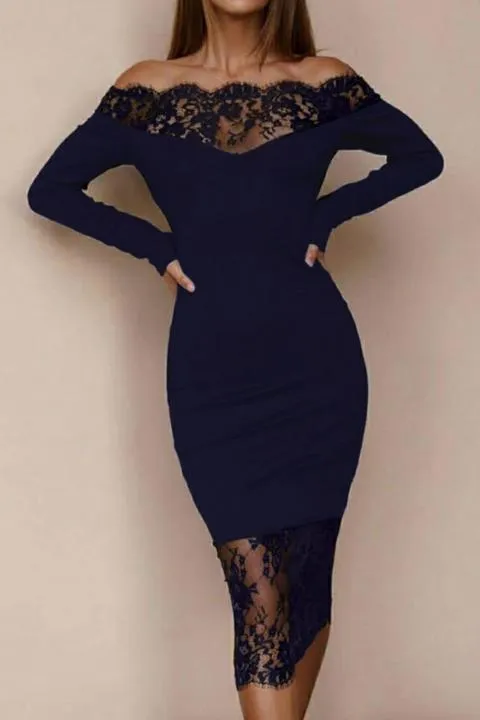 Elegante vestido midi de manga larga y detalle de encaje transparente Avignon, azul oscuro