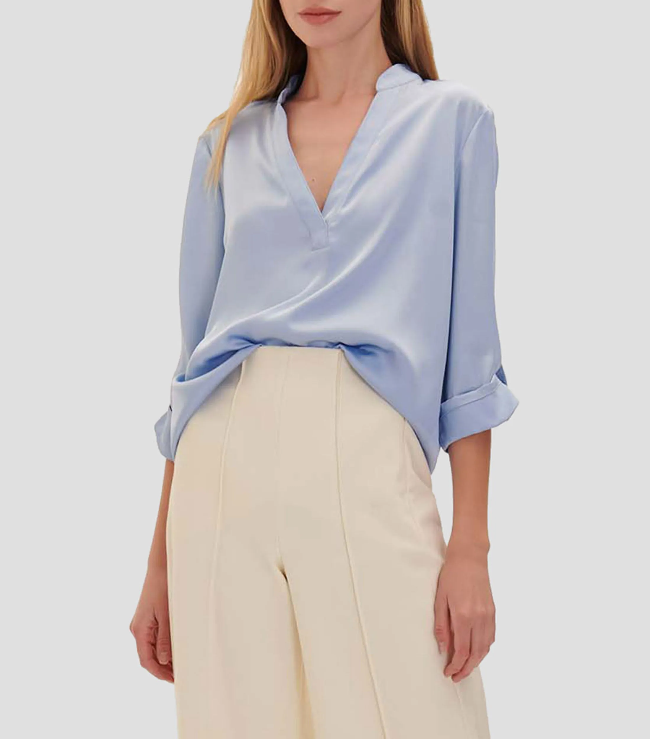 Julio Blusa de Satín Cuello Mao y Escote V Azul Celeste Mujer