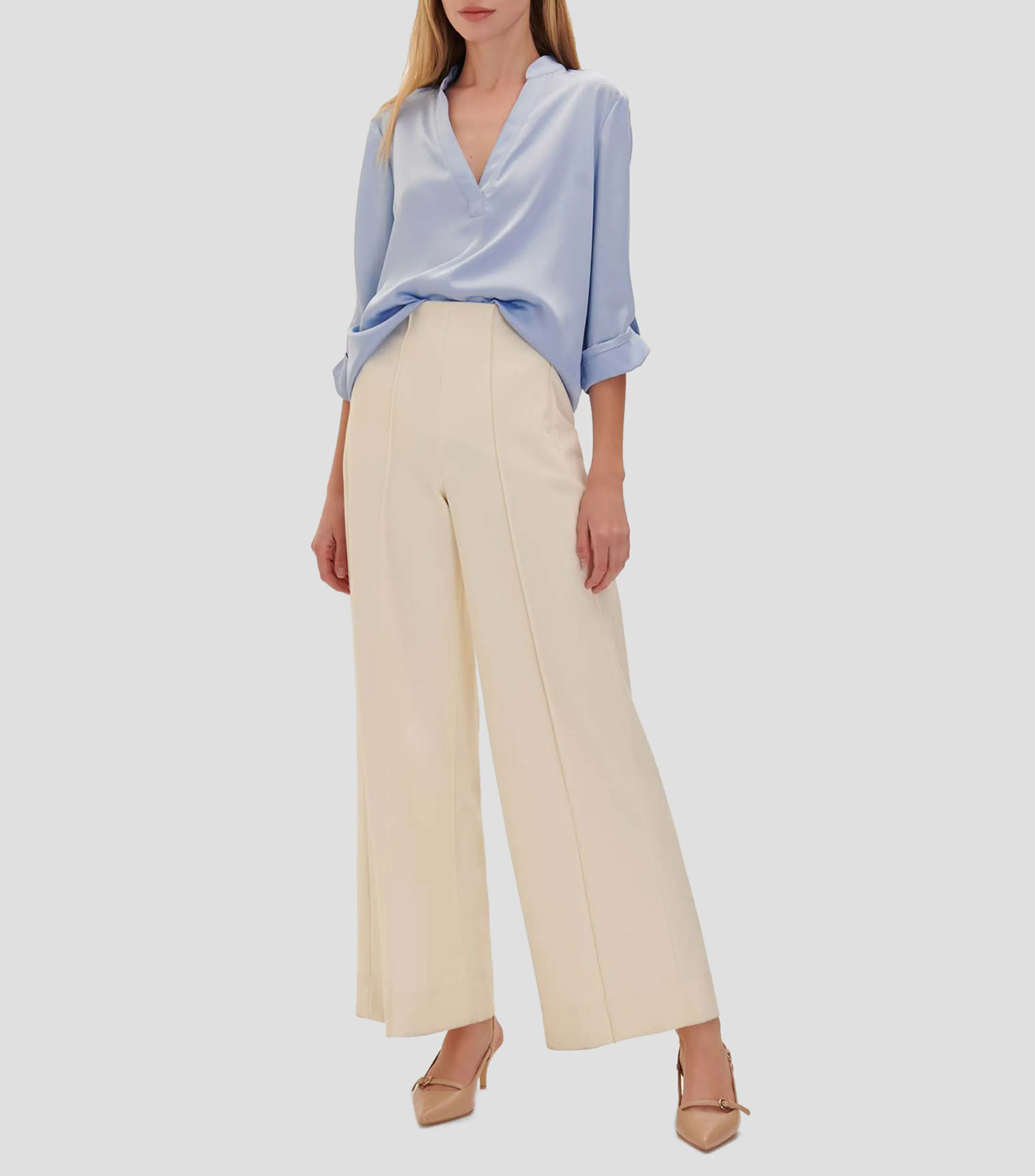 Julio Blusa de Satín Cuello Mao y Escote V Azul Celeste Mujer