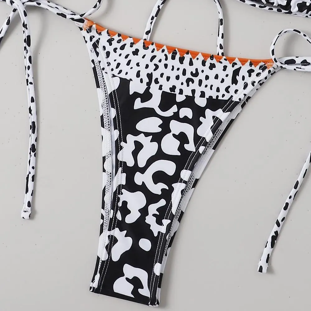 LEOPARD PRINT, TOP TRIANGLE TRIM, PLEATED BANDAGE SPLIT SWIMSUIT, COMFORTABLE AND COOL THREEPOINT NECK BIKINI (L)
