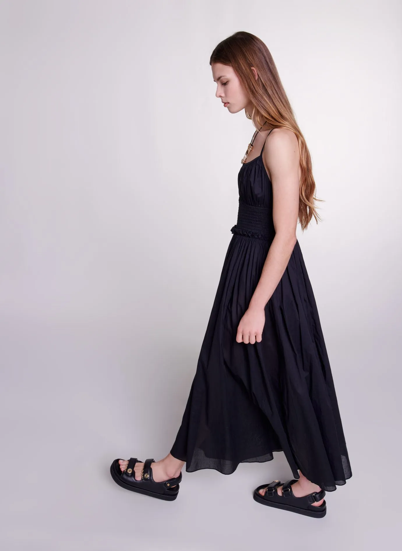 MAJE Vestido con lazos perlados de algodón en negro
