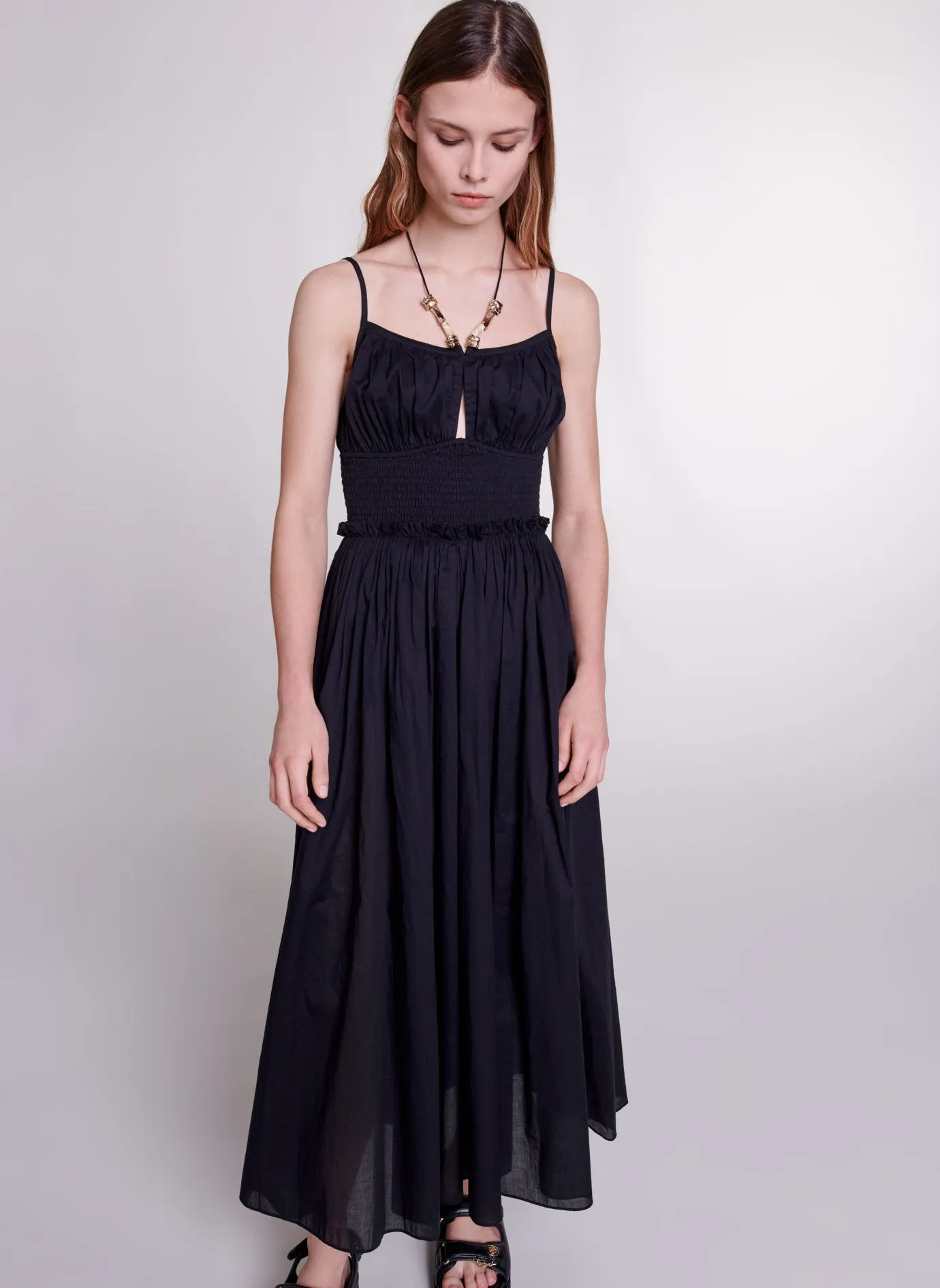 MAJE Vestido con lazos perlados de algodón en negro