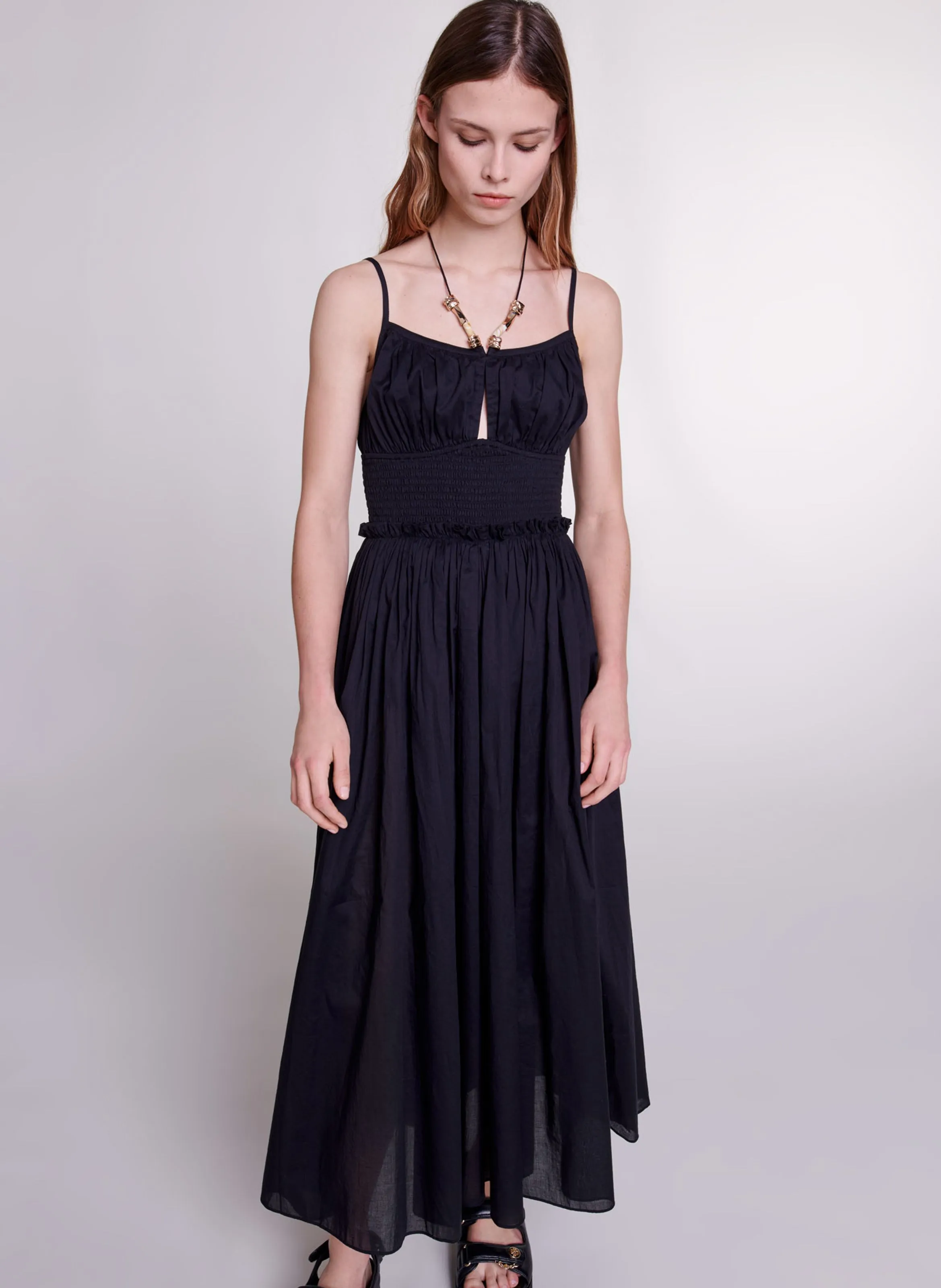 MAJE Vestido con lazos perlados de algodón en negro