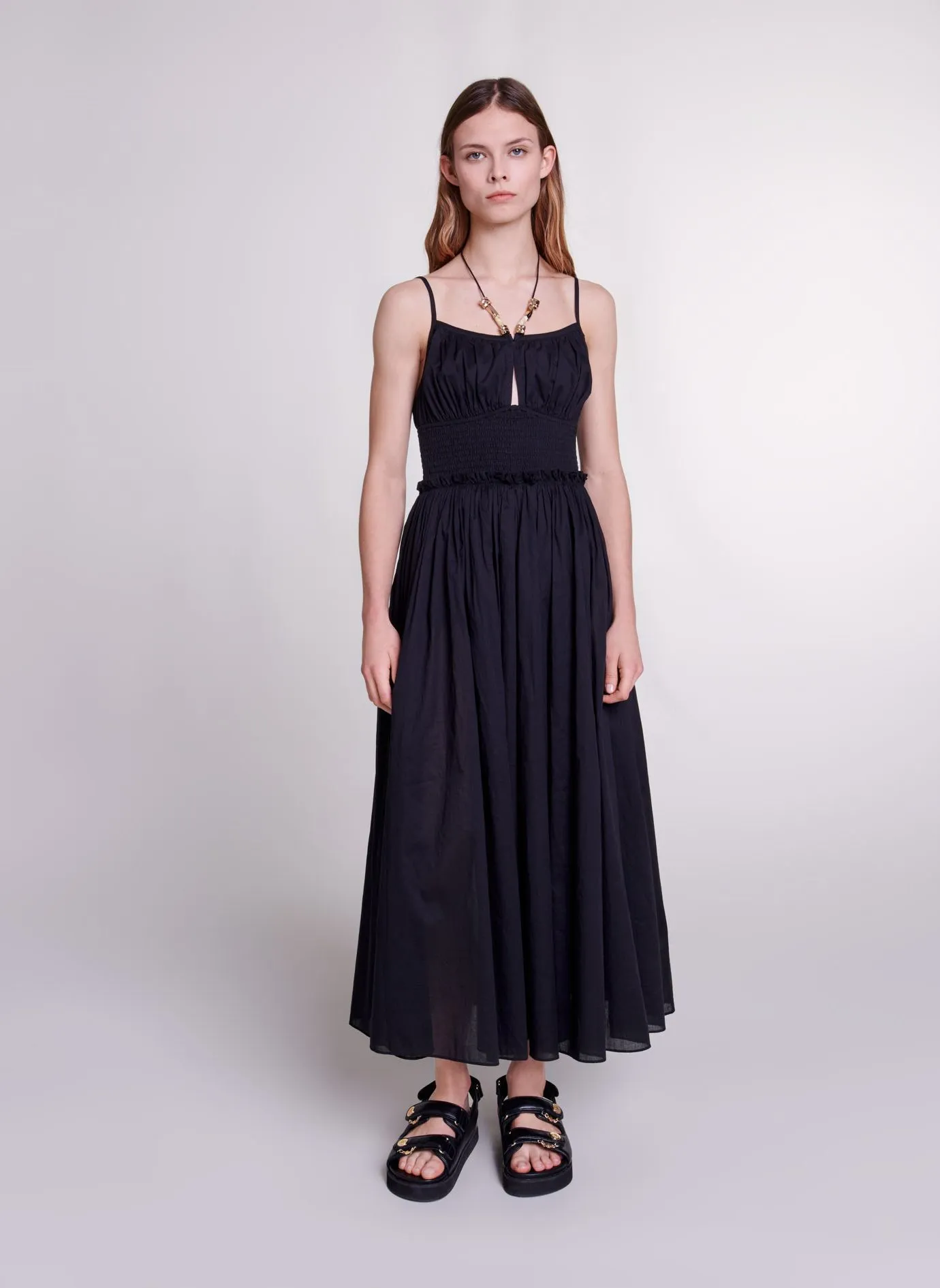 MAJE Vestido con lazos perlados de algodón en negro