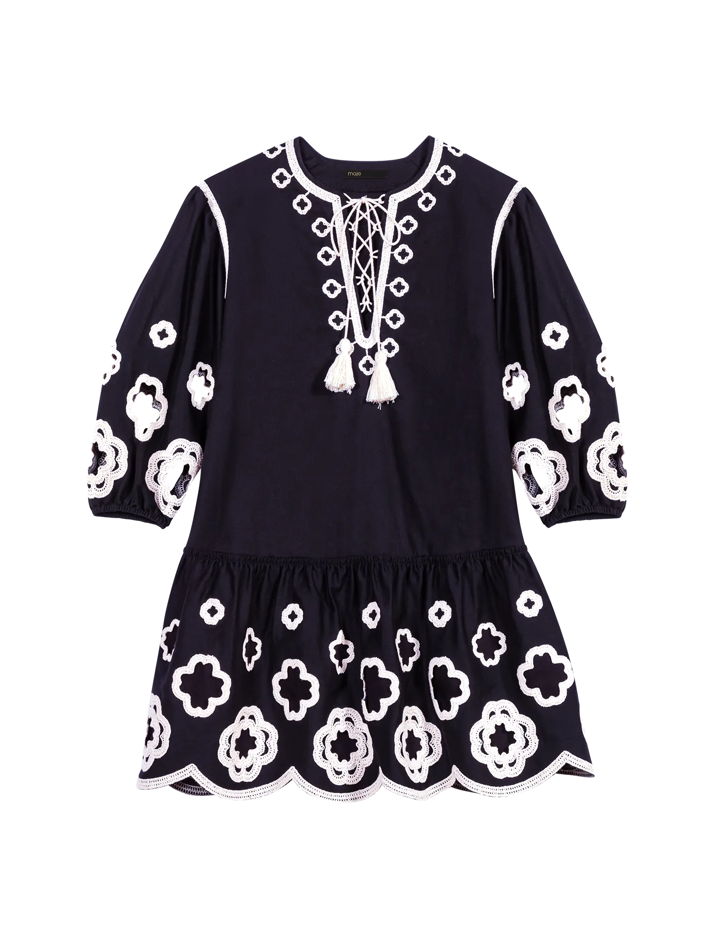 MAJE Vestido corto de algodón con cuello tunecino en negro