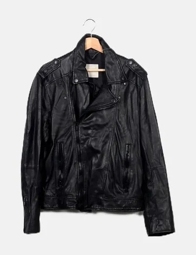 Mango Chaqueta negra biker polipiel