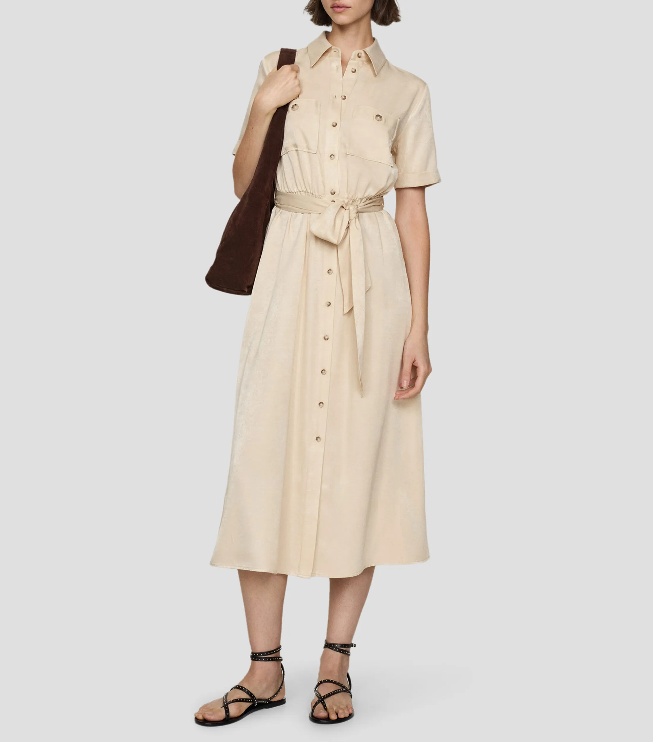 Mango Vestido largo liso manga corta Mujer