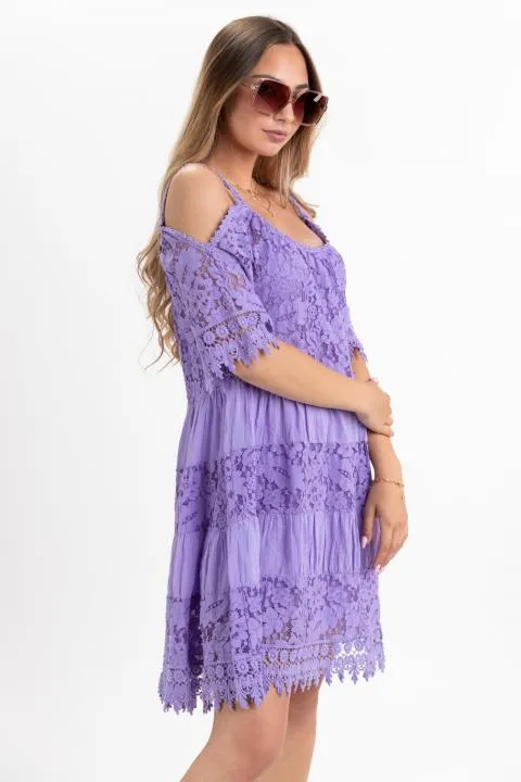 MINI VESTIDO CON ESCOTE EN LOS HOMBROS Y DETALLE DE ENCAJE FLORIDA , LILA