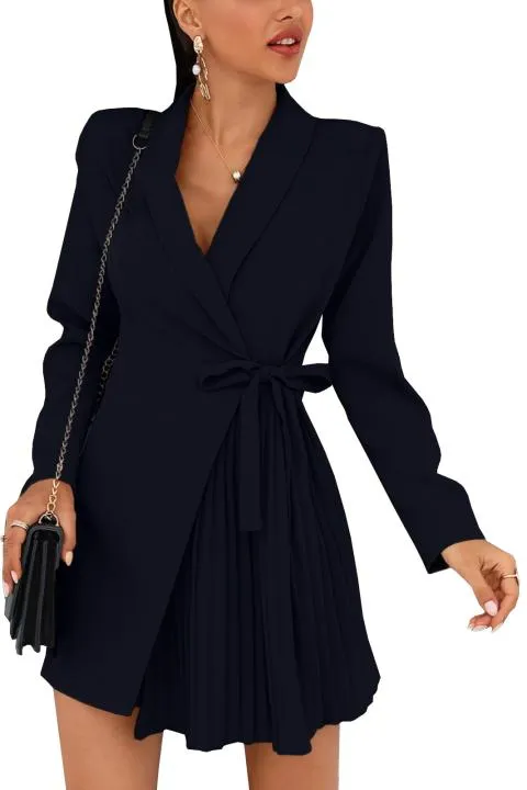 MINI VESTIDO ELEGANTE CON ESCOTE CRUZADO Y FALDA PLISADA DENVER, AZUL OSCURO