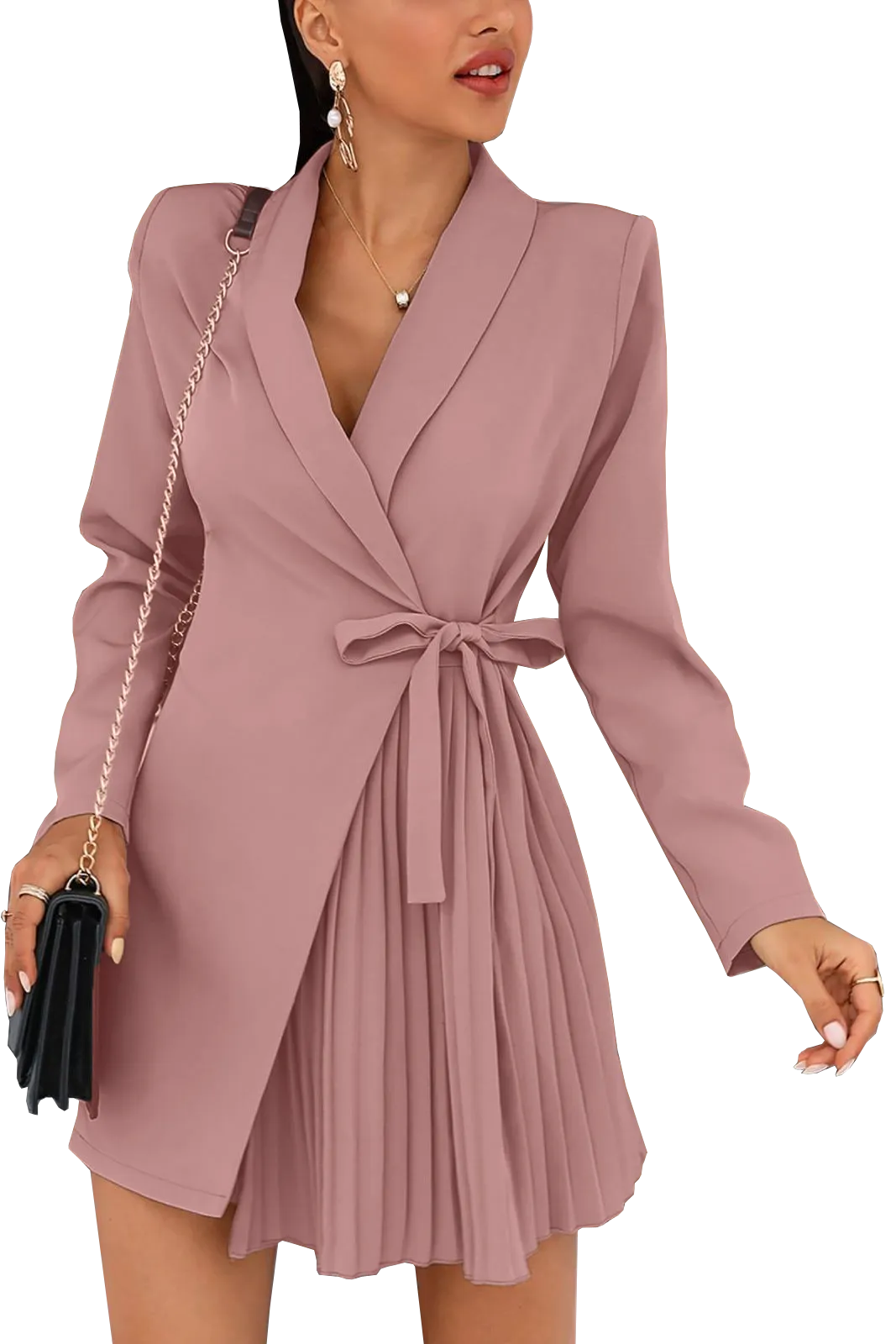 MINI VESTIDO ELEGANTE CON ESCOTE CRUZADO Y FALDA PLISADA DENVER, ROSA CLARO