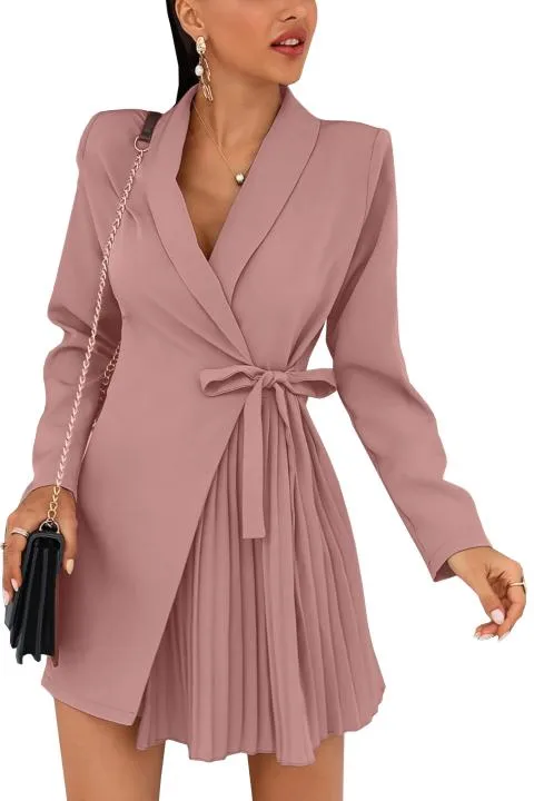 MINI VESTIDO ELEGANTE CON ESCOTE CRUZADO Y FALDA PLISADA DENVER, ROSA CLARO