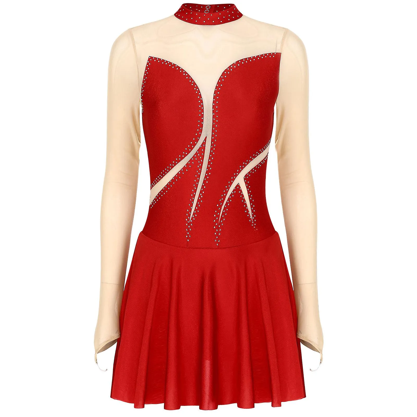 Otwoo Mujer Patinaje artístico Gimnasia rítmica Traje Brillante diamantes de imitación Sheer Mesh Manga larga Lírica Ballet Vest