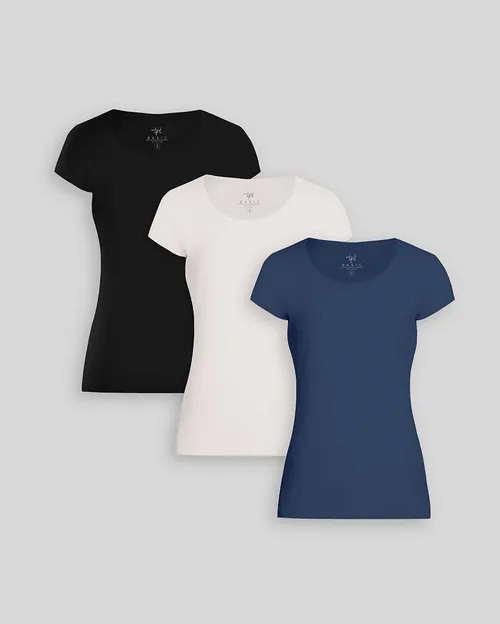 Pack de 3 polos Mujer Cuello Redondo Coco Melange / Negro / Azul Atlantico
