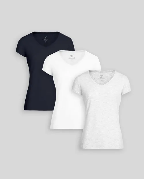 Pack de 3 polos Mujer Cuello V Blanco / Níquel Poly Htr / Azul Dutty