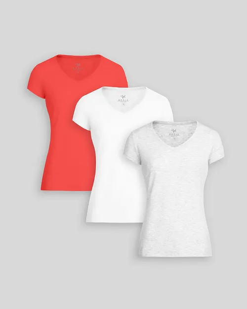 Pack de 3 polos Mujer Cuello V Blanco / Níquel Poly Htr / Rojo Fiesta