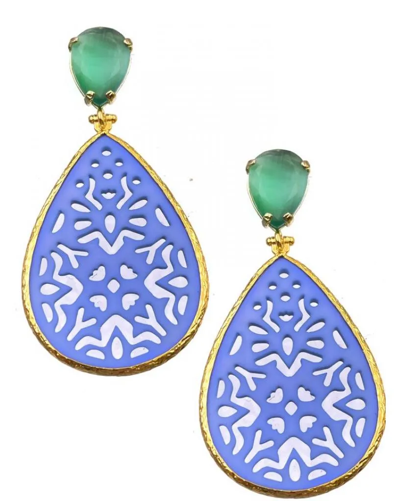 PENDIENTES LARGOS DE MUJER AZULES Y VERDES CON PRECIOSA LAGRIMA TALLADA