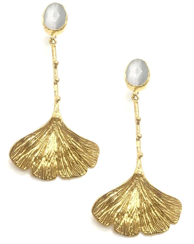 PENDIENTES LARGOS MUJER CHAPADOS EN ORO CON PÉTALO Y PIEDRA NATURAL