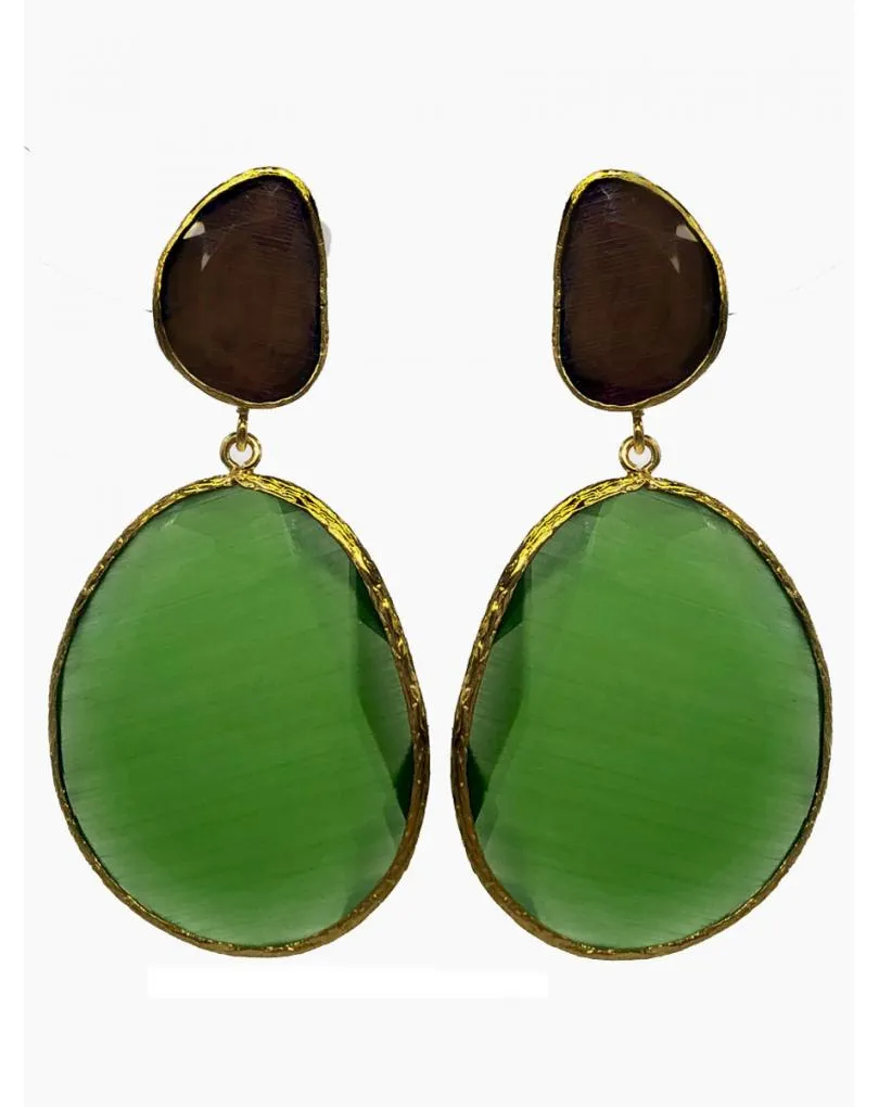 PENDIENTES MUJER VERDES Y MORADOS CON DOBLE LÁGRIMA OVAL BICOLOR EN BAÑO DE ORO