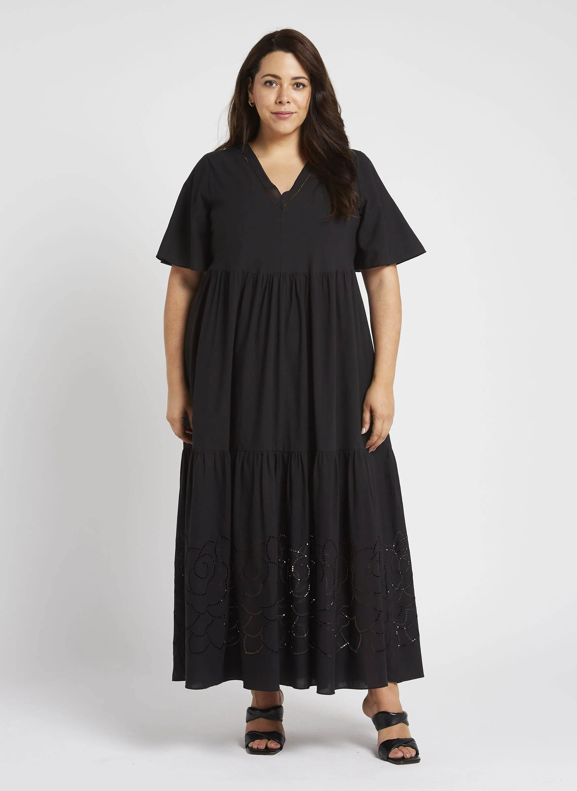 PERSONA BY MARINA RINALDI ARES  VESTIDO LARGO CON BORDADO DE ALGODóN EN NEGRO
