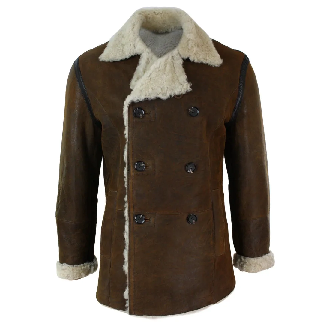 Piel de oveja alemana de oveja alemana para hombres chaqueta de doble pecho caqui negro