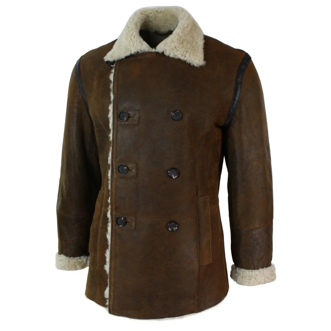 Piel de oveja alemana de oveja alemana para hombres chaqueta de doble pecho caqui negro