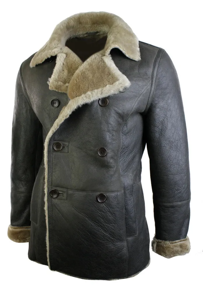 Piel de oveja alemana de oveja alemana para hombres chaqueta de doble pecho caqui negro