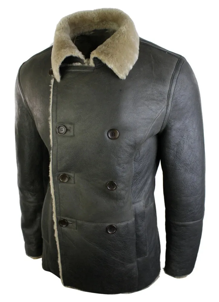 Piel de oveja alemana de oveja alemana para hombres chaqueta de doble pecho caqui negro