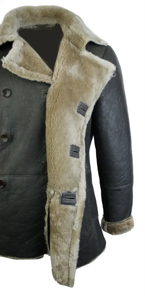 Piel de oveja alemana de oveja alemana para hombres chaqueta de doble pecho caqui negro