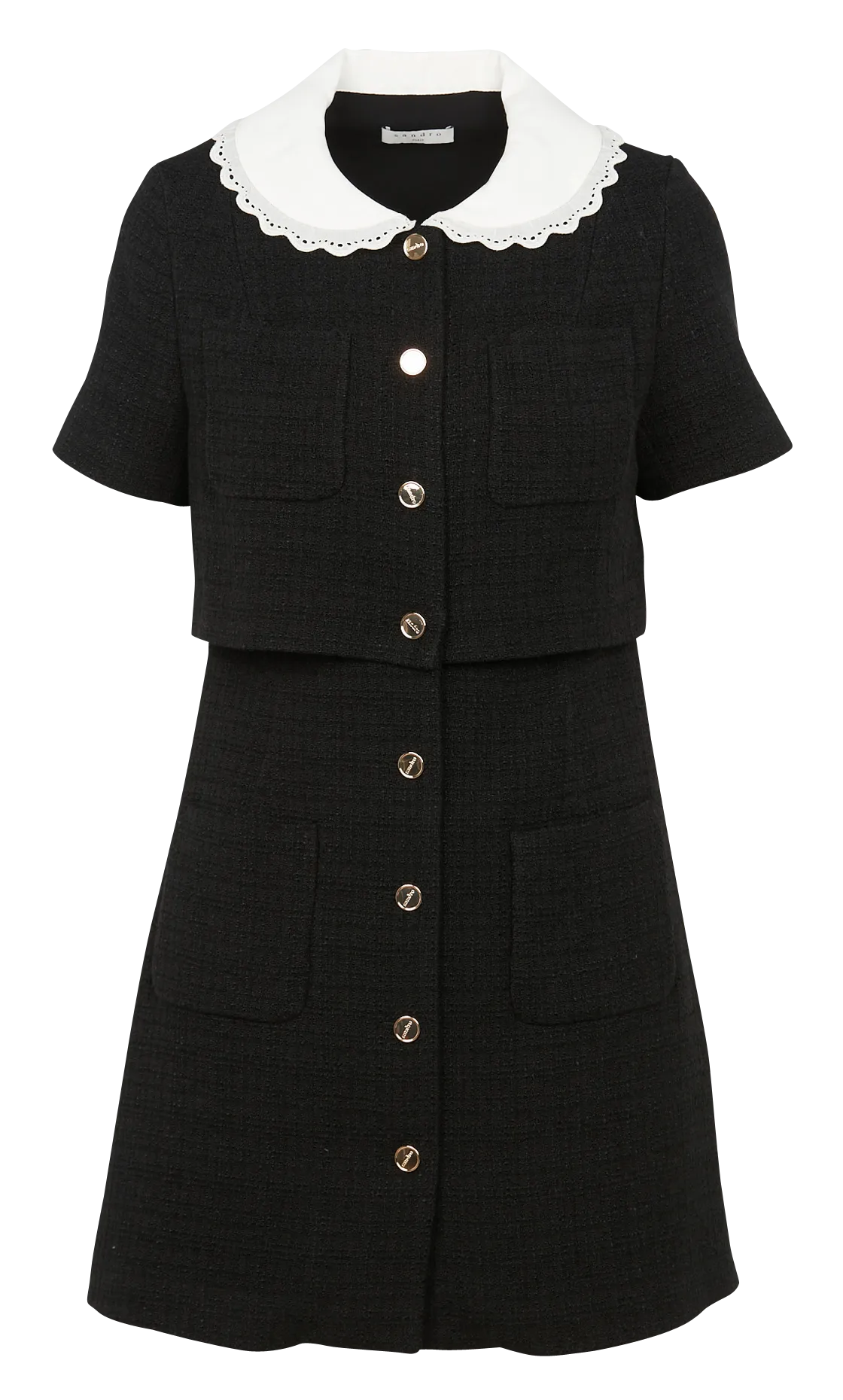 SANDRO Vestido corto de tweed con cuello claudine en negro